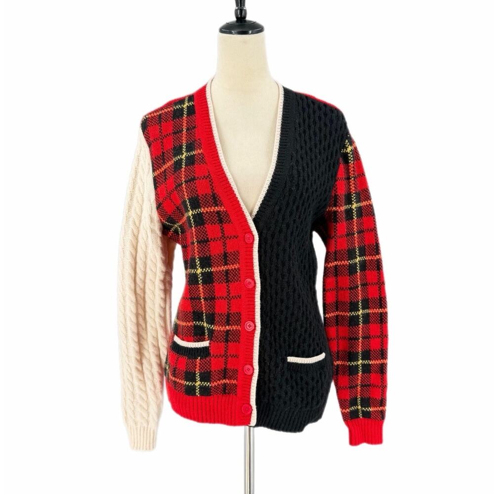 Brooks Brothers Red Plaid Merino Wool Patchwork Knit Academia Cardigan Sweater